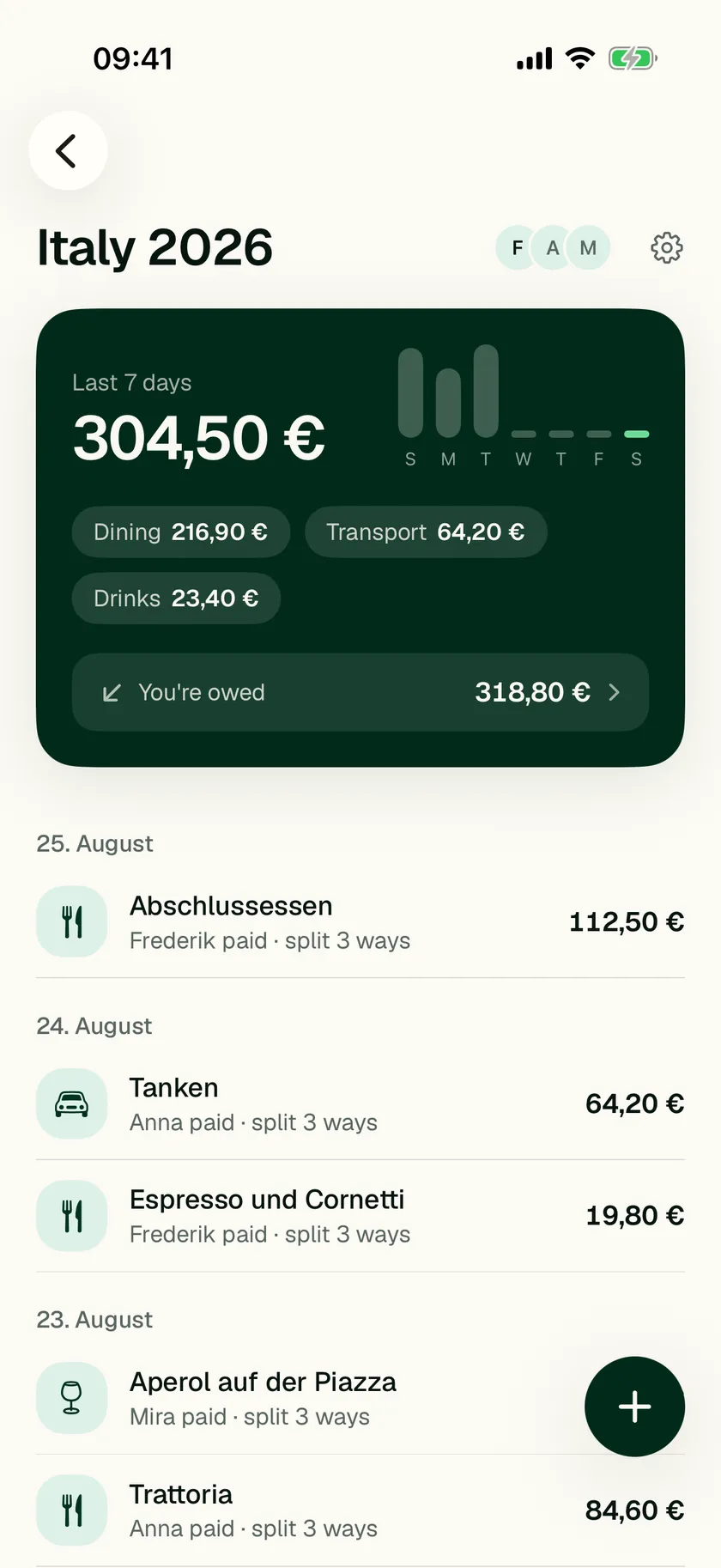 The Quitt iPhone app showing a trip: the week's total, spending by category, and the expense feed
